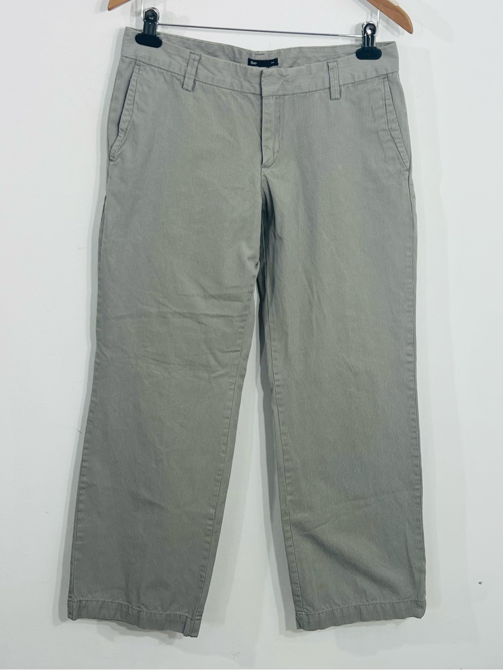 Gap Grayish Green Striped Chino Pants Cotton Flat Front Pockets Zip Button Sz 8